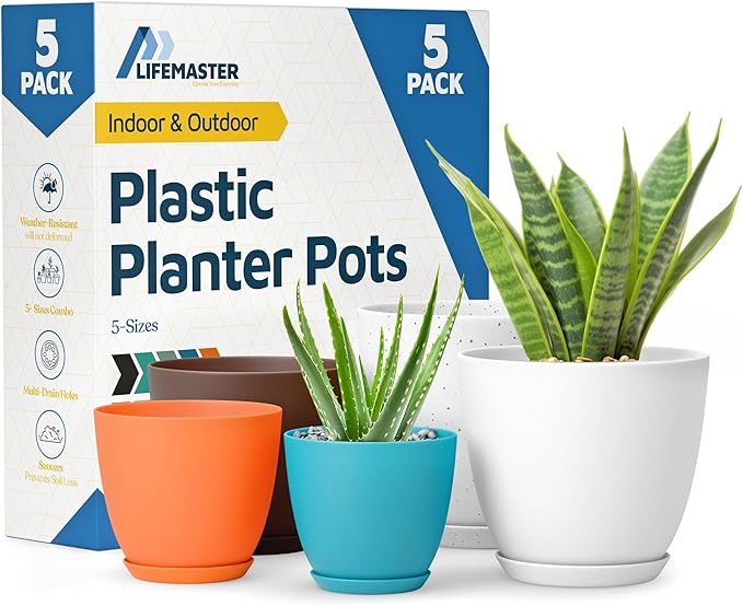 Multicolor Plant Pots with Drainage Holes & Saucers 5 Pack, Indoor & Outdoor by LIFEMASTER