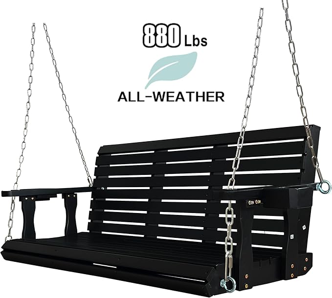 Wooden Porch Swing 3-Seater, High Backrest and Deep Seat, Bench Swing - Image 3