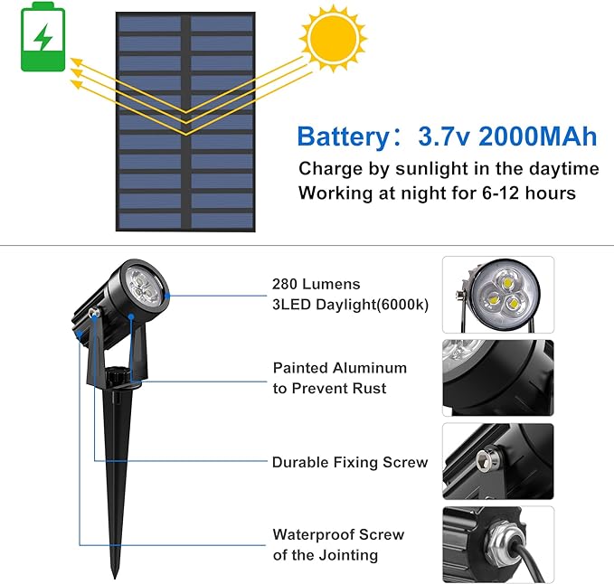 Solar Spot Lights Outdoor, Solar Landscape Spotlights IP65 Waterproof 9.8ft - Image 8