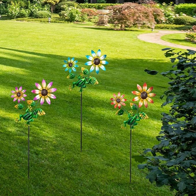 3 Pack Frog＆Flowers Garden Stakes Decor, Metal Yard Art Decorative Garden Stakes - Image 7