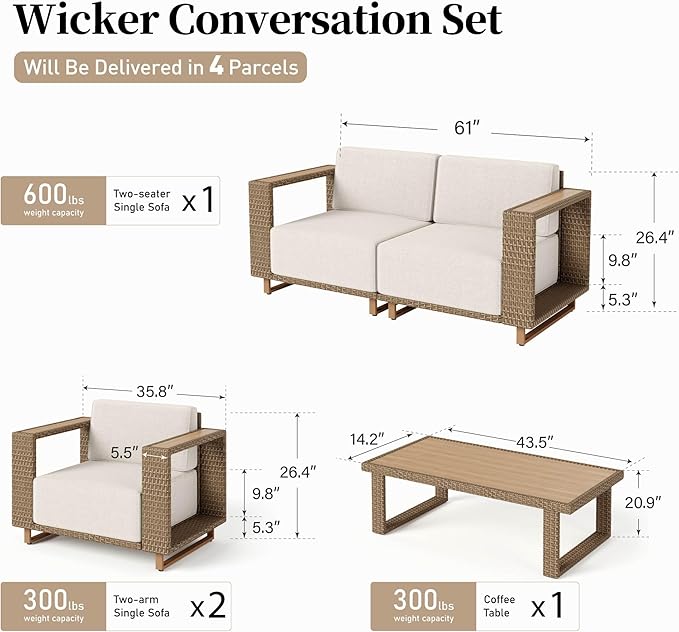 5 Pieces Patio Furniture Set, Outdoor Rattan Wicker Conversation Set - Image 8