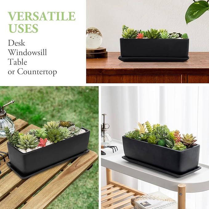 MyGift 14 Inch Ceramic Indoor Plant Pot, Rectangular Succulent Planter - Image 4