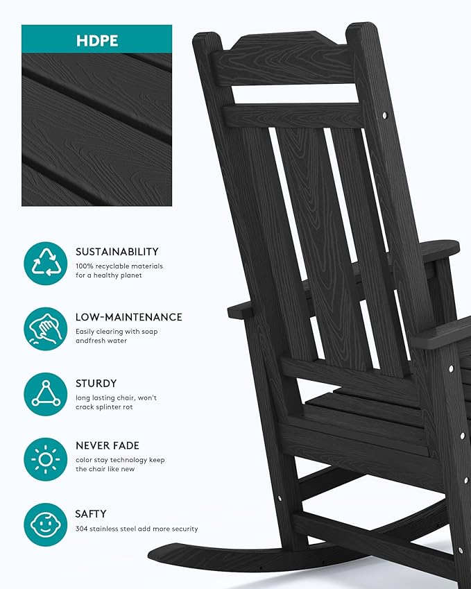 SERWALL Oversized Rocking Chair Set of 4 Outdoor, HDPE Outdoor Rocking Chair - Image 5