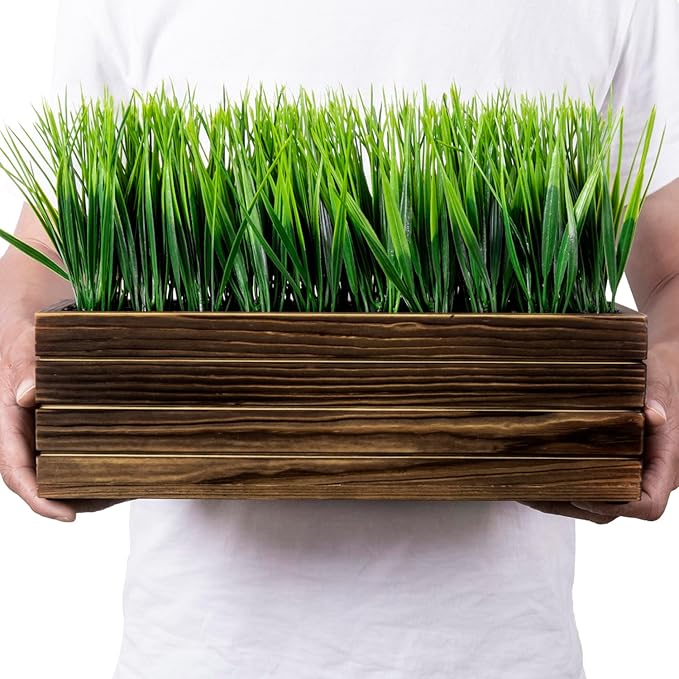 MyGift 14 Inch Artificial Green Grass Plant in Rustic Burnt Solid Wood - Image 6