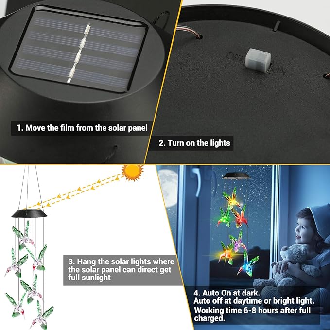 Toodour Solar Wind Chime, Color Changing Wind Chimes Hummingbird, LED - Image 3