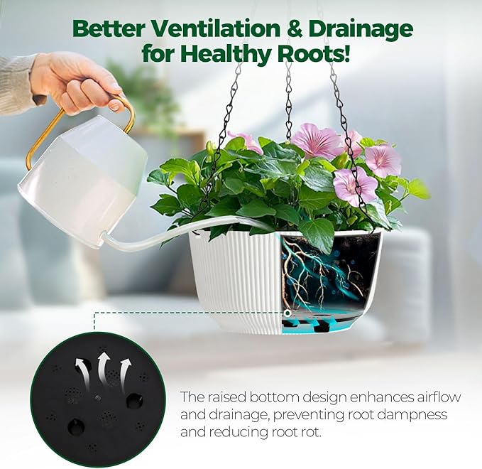 T4U 10 Inch Hanging Planters for Indoor Plants, 2 Pack White Self Watering - Image 4