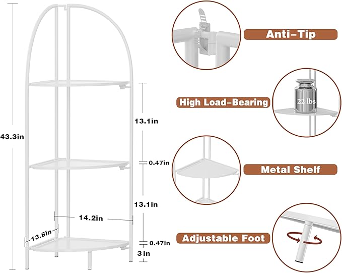 Crofy Foldable 3 Tier Corner Shelf, Metal Corner Plant Stand - Image 3