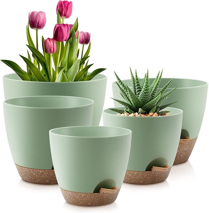 Plant Pots 10/9/8/7.5/7 Inch Self Watering Pots, Plastic Flower Pots, Nursery by QRRICA