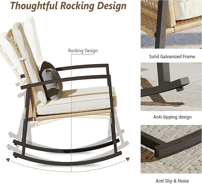 3 Piece Patio Rocking Chairs Set of 2, Outdoor Rocking Chair Bistro Set - Image 4