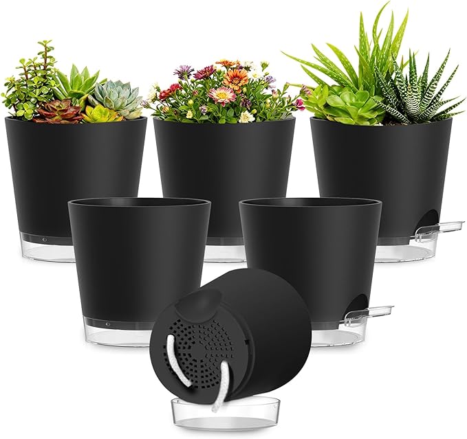 Plant Pots 6 Inch Self Watering Pots, 6 Pack Plastic Planters by SQKH