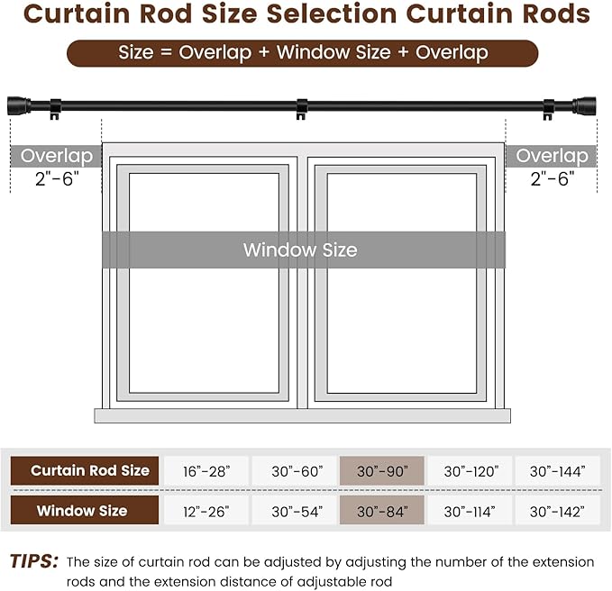 1” Diameter Matte Black Curtain Rods Itself is 30 to 90 inch, 1 Pack Fit 30-84 - Image 3