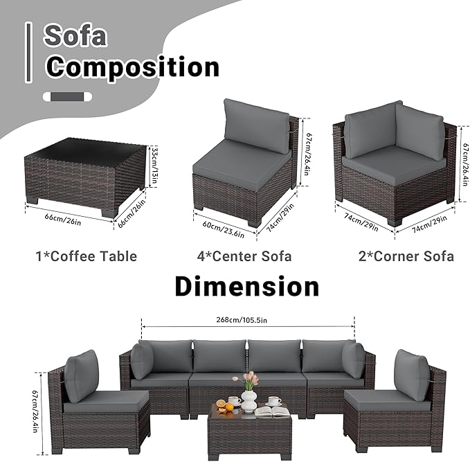 LEVELEVE 7 Pieces Outdoor Patio Furniture Sets, Rattan Conversation Sectional - Image 2