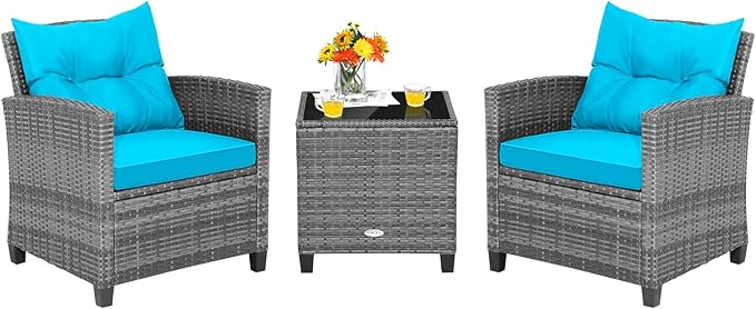 Tangkula 3 Pieces Patio Furniture Set, Outdoor PE Rattan Conversation Chair Set by TANGKULA