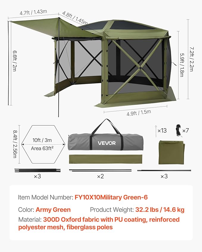 VEVOR Pop up Gazebo Screen Tent, 10 x 10 ft Large 6-Sided Camping Canopy Tent - Image 7