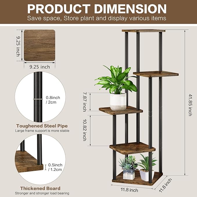 5 Tier Plant Stand Indoor, Thickened Metal Wood Corner Plant Shelf Stands - Image 2