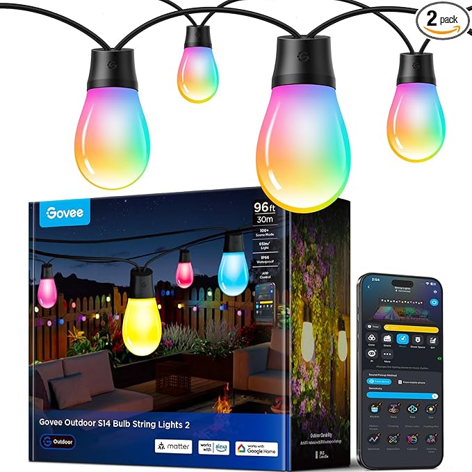 Govee S14 Bulb Outdoor String Lights 2, 96ft Smart RGBIC Warm White Patio Lights by Govee