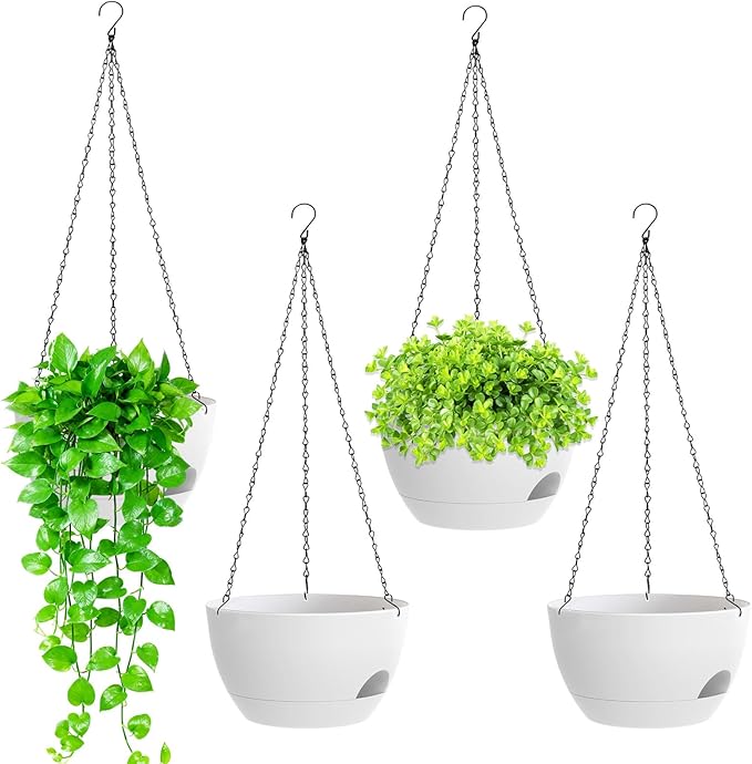 8 Inch Hanging Planters for Indoor Outdoor Plants, 4 Pack White Plastic Self by SQKH