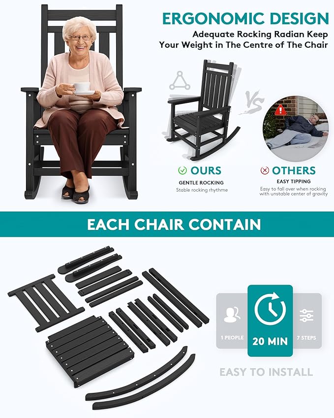 SERWALL Outdoor Rocking Chair Set of 2, HDPE Rocking Chairs - Image 6