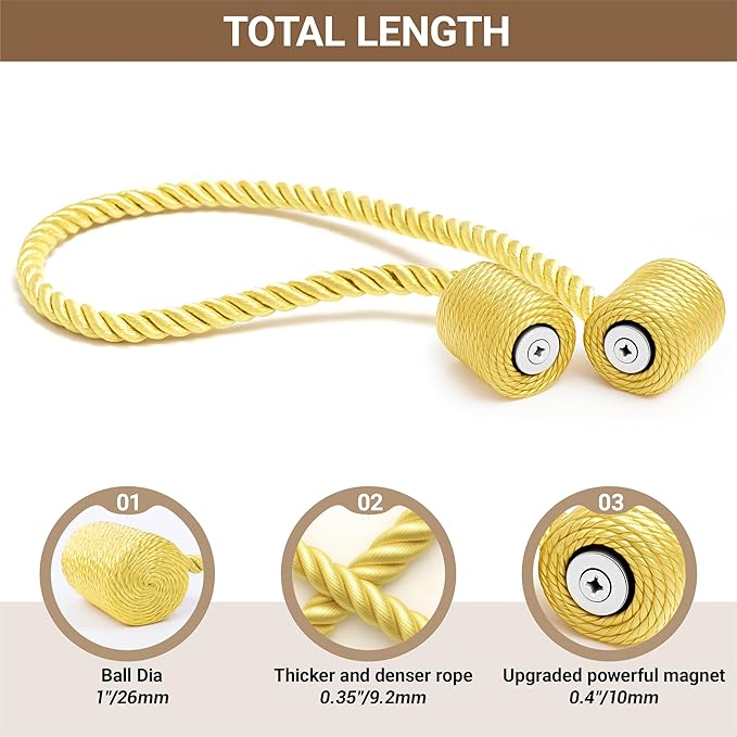 Hion Magnetic Curtain Tiebacks Golden 6 Pack, Curtain Tiebacks Buckles - Image 2