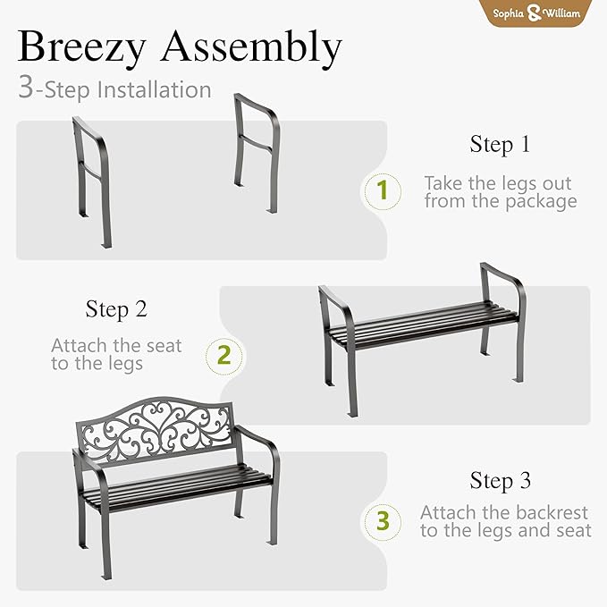 Sophia & William Outdoor Bench, Metal Garden Bench, Cast Iron Park Benches - Image 5