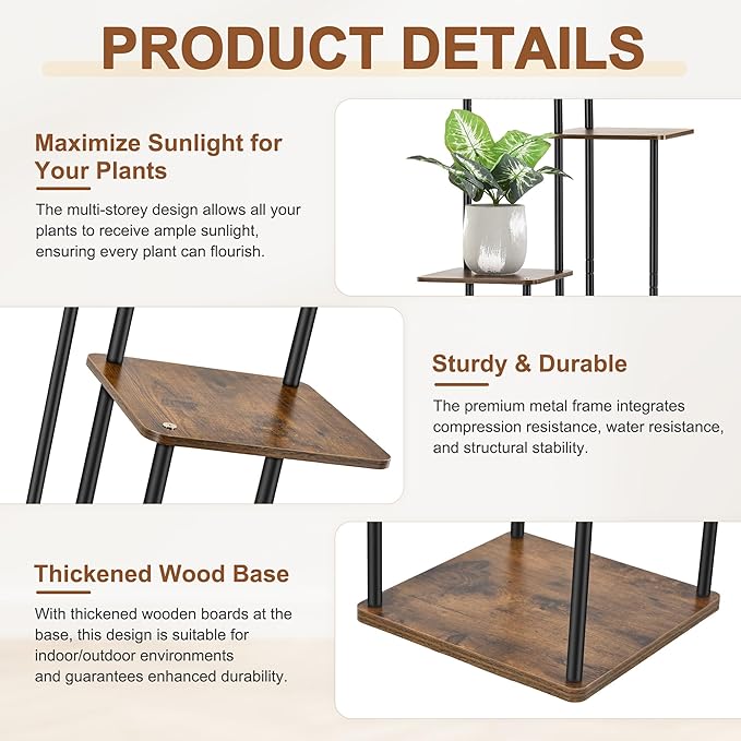 4 Tier Plant Stand Indoor Outdoor, Wood Metal Corner Shelf, Planter Shelf - Image 4