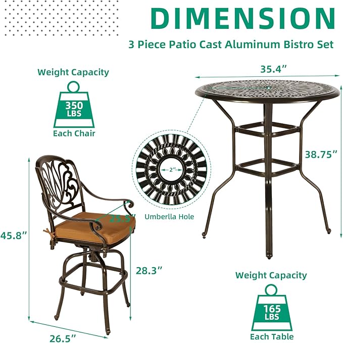 VIVIJASON 5-Piece Patio Swivel Bar Stools Set, All Weather Cast Aluminum - Image 6