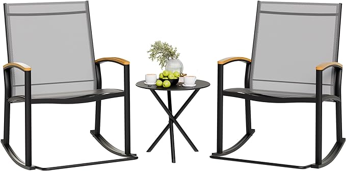 Shintenchi 3 Piece Outdoor Rocking Bistro Set, Textilene Fabric Small Patio by Shintenchi