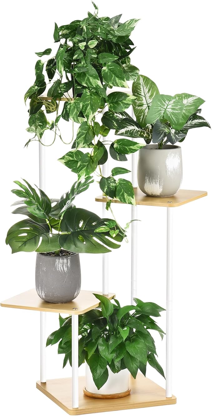 4 Tier Plant Stand Indoor Outdoor, Wood Metal Corner Shelf, Planter Shelf by GLOKUUCA