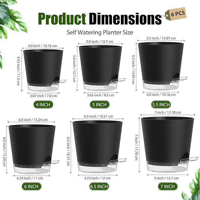 Plant Pots 4/5/5.5/6/6.5/7 Inch Self Watering Pots, 6 Pack Plastic Planters - Image 5