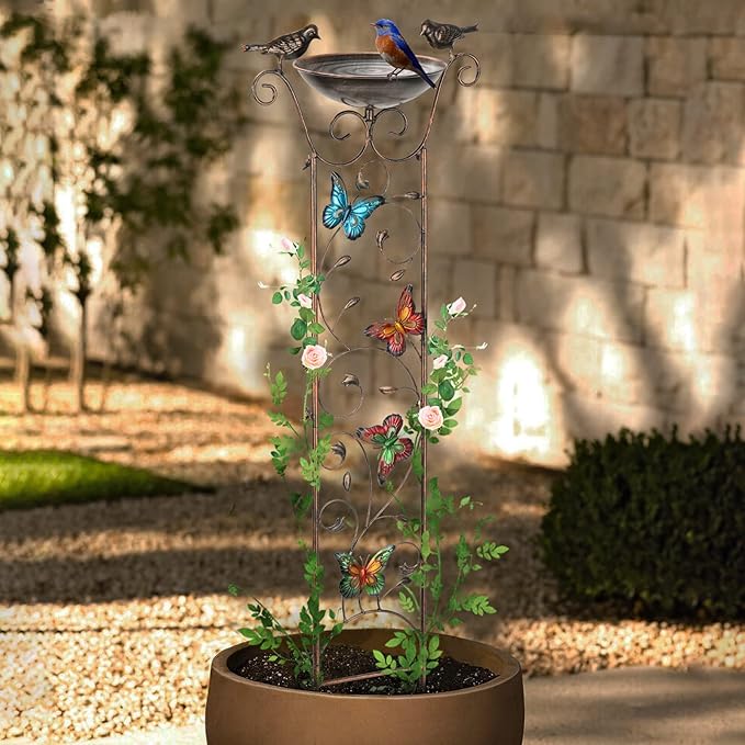 SUNNYPARK Bird Bath with Trellis Outdoor, Antique Garden Iron Trellis with - Image 6