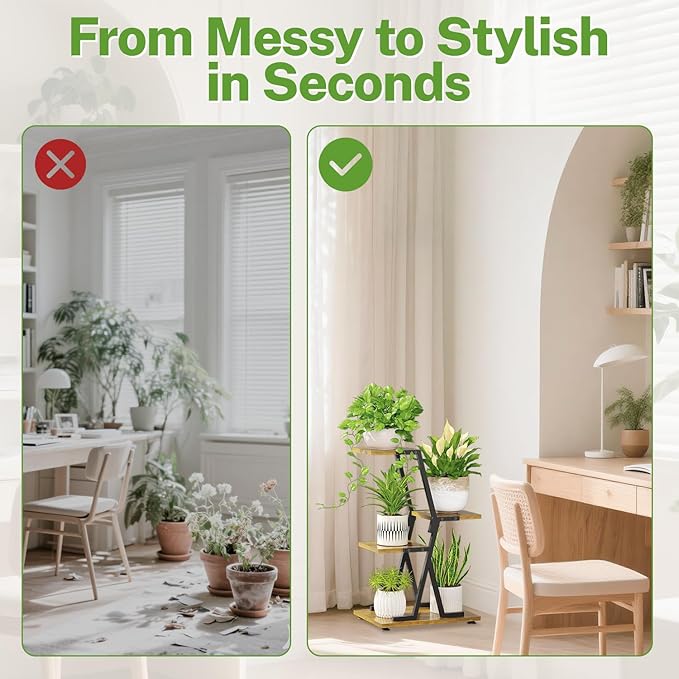 iDavosic.ly 3 Tier Indoor Plant Stand, Corner Tall Metal & Wood Flower Shelf - Image 5