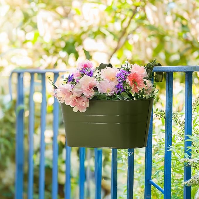 3 Pack Metal Railing Planters, 10.5" Oval Hanging Flower Pots - Image 6