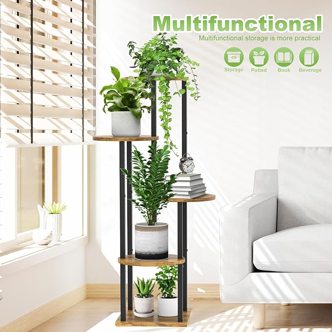 5 Tier Wood Tall Plant Stand Metal Rack Indoor, Round Planter Shelf Display - Image 6