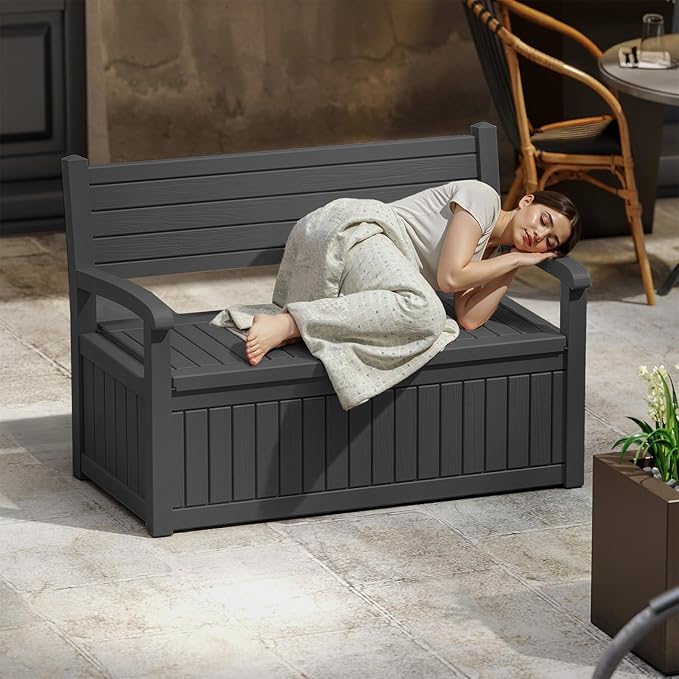 EasyUp 80 Gallon Wood Grain Style Outdoor Storage Bench, Waterproof and - Image 2