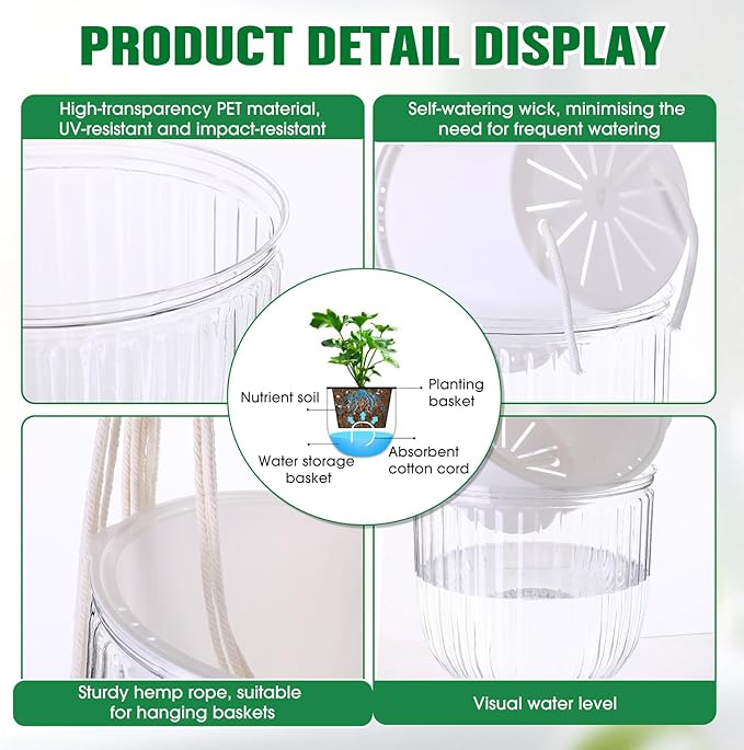 6 Pack Self Watering Hanging Planters Indoor Flower Pots Visible Water Level - Image 3