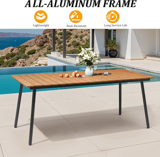 70" Patio Outdoor Dining Table for 4-6, Weather-Resistant Wood-Grain Top - Image 5
