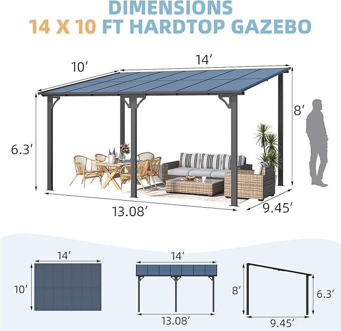 AECOJOY 14' x 10' Gazebo for Patio, Hard Top Lean to Gazebo Pergola - Image 7