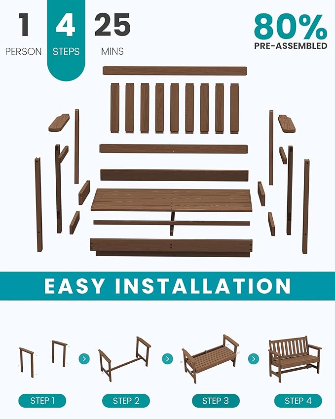 SERWALL Outdoor Bench, HDPE Outdoor Benches Weatherproof, 2-Person Garden Bench - Image 8