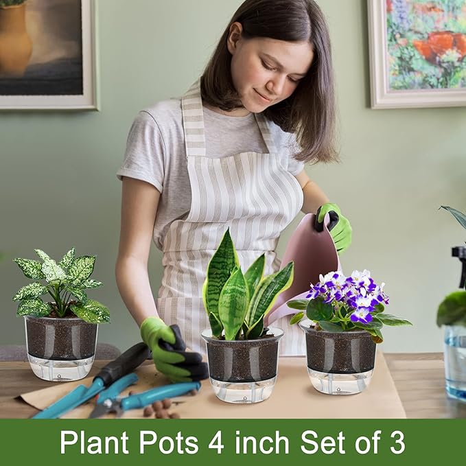 Self Watering Pots, 3 Pack 4 Inch Clear Plant Pot Self Watering Planter Flowers - Image 8