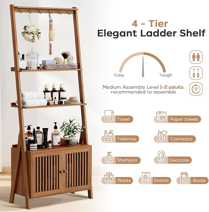Bookcase with Drawers, 4-Tier Bamboo Bookshelf Ladder Shelf with 6 Hooks - Image 5