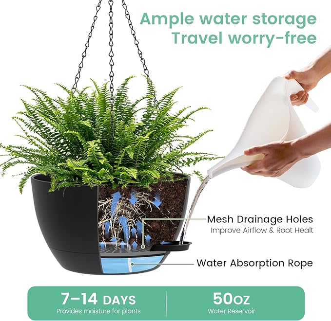 13 Inch 2 Pack Large Self Watering Hanging Planters - Image 3