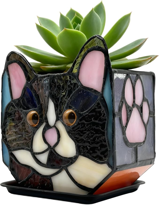 Handmade Stained Glass Black Cat Planter, Decorative Succulent Pot by Entlityful