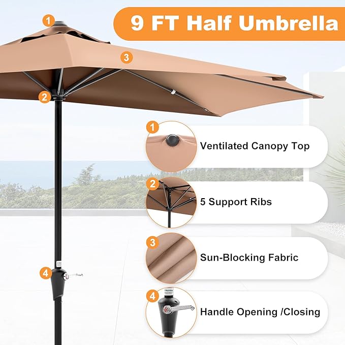 OLIXIS Half 9Ft Umbrella Outdoor Patio, Scalloped Patio Umbrella - Image 3