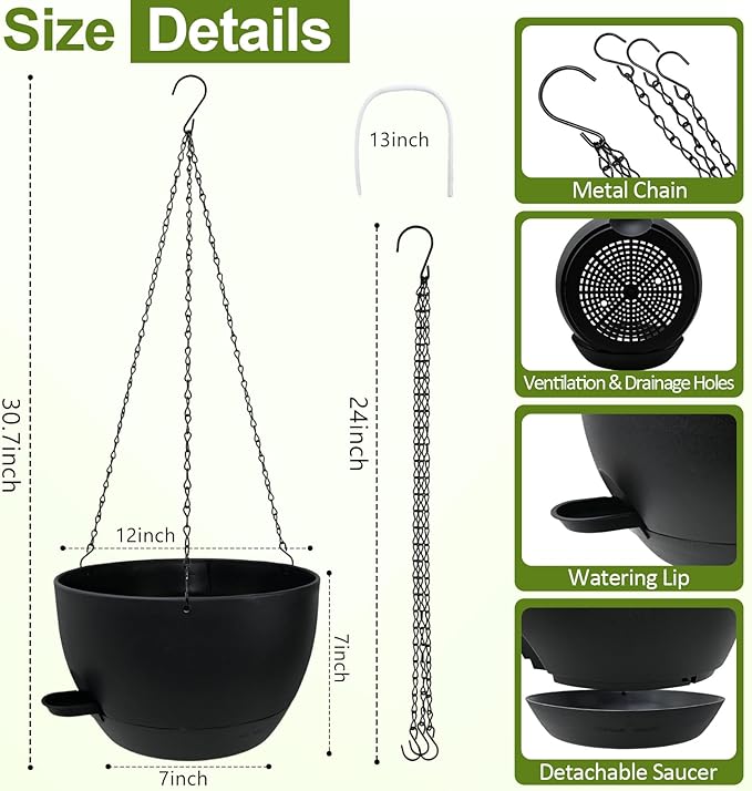 WOUSIWER Self Watering Hanging Planters, 2 Pack 12'' Plastic Pots - Image 4
