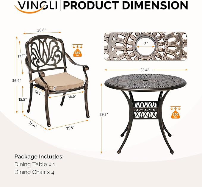VINGLI 5-Piece Outdoor Patio Dining Set, Cast Aluminum All-Weather Outdoor - Image 7