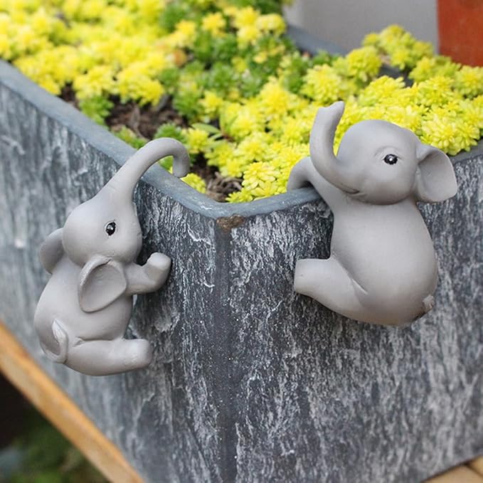 Set of 2 Cute Climbing Elephant Statues Flower Pot Hugger, Resin Hanging by JARPSIRY