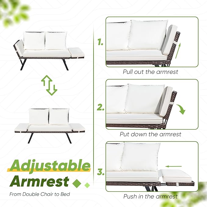 Greesum Outdoor Sofa, Woven Rattan Patio Furniture, Convertible Daybed or - Image 6