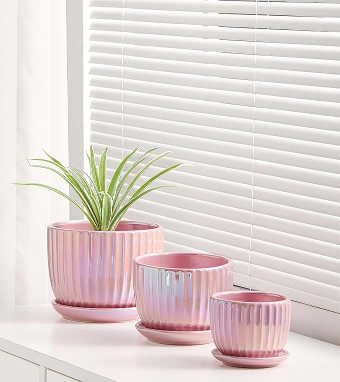 Ton Sin Pink Gold Ceramic Flower Pots, Modern Indoor Decorative Plant Pots Set - Image 4
