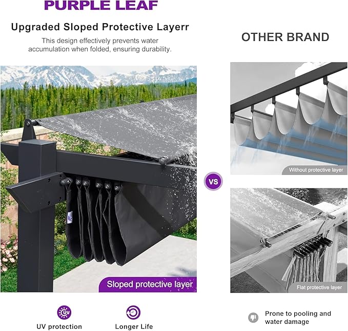 PURPLE LEAF Outdoor Retractable Pergolawith Curtains 10' x 13' Patio Aluminum - Image 2