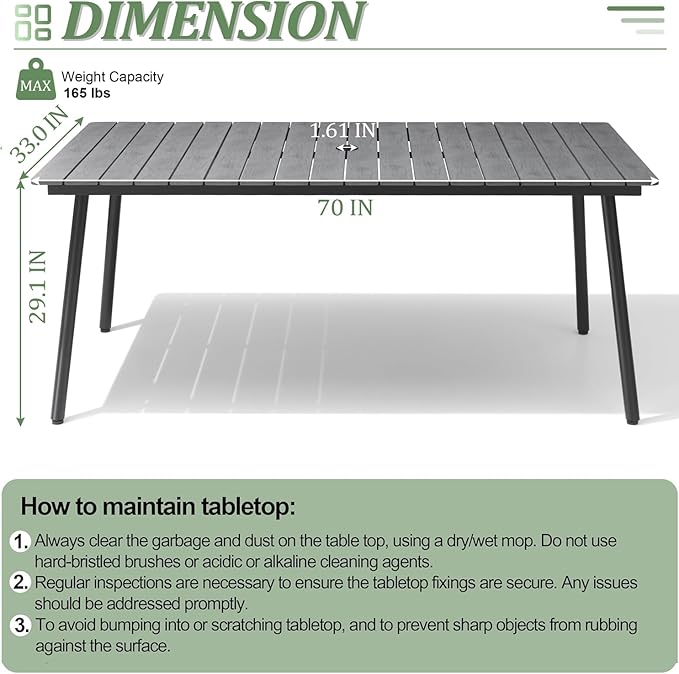 70" Patio Outdoor Dining Table for 6, Weather-Resistant Aluminum Frame - Image 3